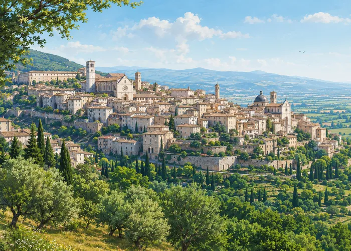 Medieval historic centre of Assisi seen from the slopes of Mount Subasio