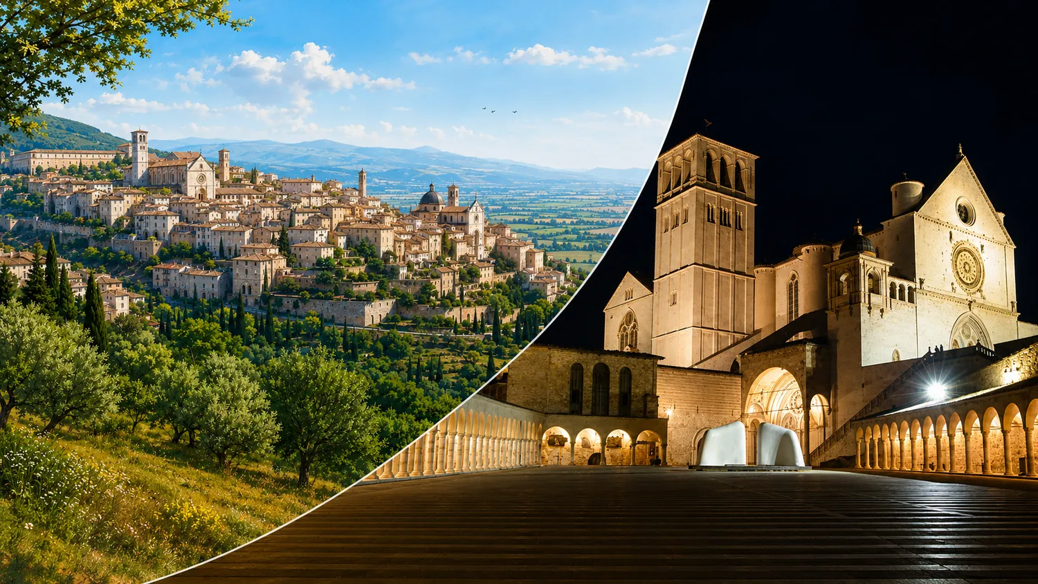 Panoramic view of Assisi with the Basilica of Saint Francis and Mount Subasio