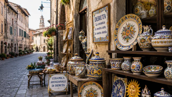 Representación ilustrativa de mayólicas artesanales expuestas en el centro histórico de Deruta