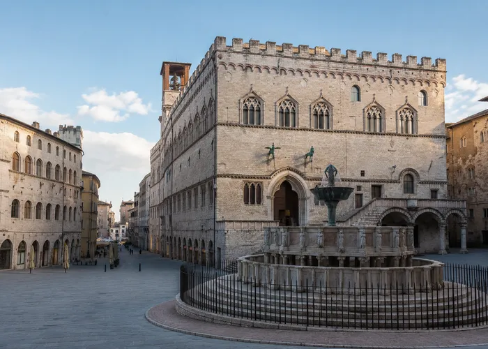 Representación ilustrativa de la Fontana Maggiore y del Palazzo dei Priori en Perugia