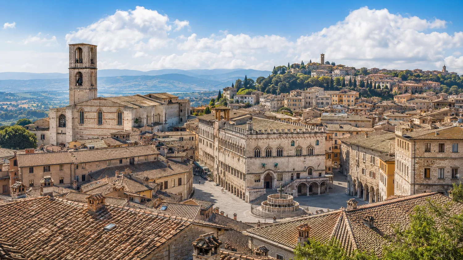 Representación ilustrativa del centro histórico de Perugia y de las colinas de Umbría